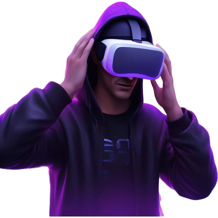 Russian man wearing a black hoodie with "OMG" letters on it and VR headset in a cyberpunk VR environment with violet neon lighting. emoji