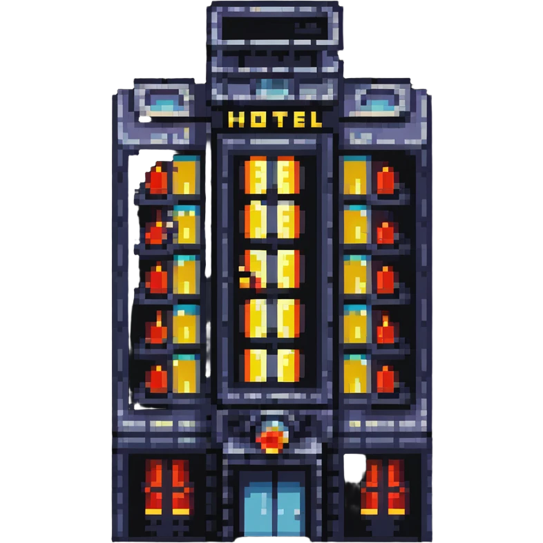 skyscraper hotel with lit windows and entrance emoji