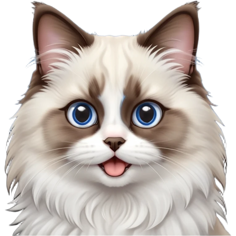 cinematic-adorable-big-eyed-fluffy-dark brown and white ragdoll-cat-portrait-emoji,-head-tilted-playfully-with-a-cute,-yawn,-soft-brown-and white-colored-fur-with-darker-points-on-the-ears,-simplified-yet-irresistibly-cute-features, sparkling blue eyes emoji