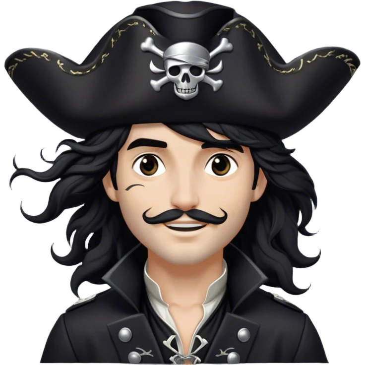 A charismatic pirate with wavy black hair tousled by the breeze. His silver-embroidered tricorn hat casts a shadow. Dark eyes glint with mischief as he looks to the side, a knowing smile on his lips. His black coat, adorned with silver buttons, shifts with the wind emoji