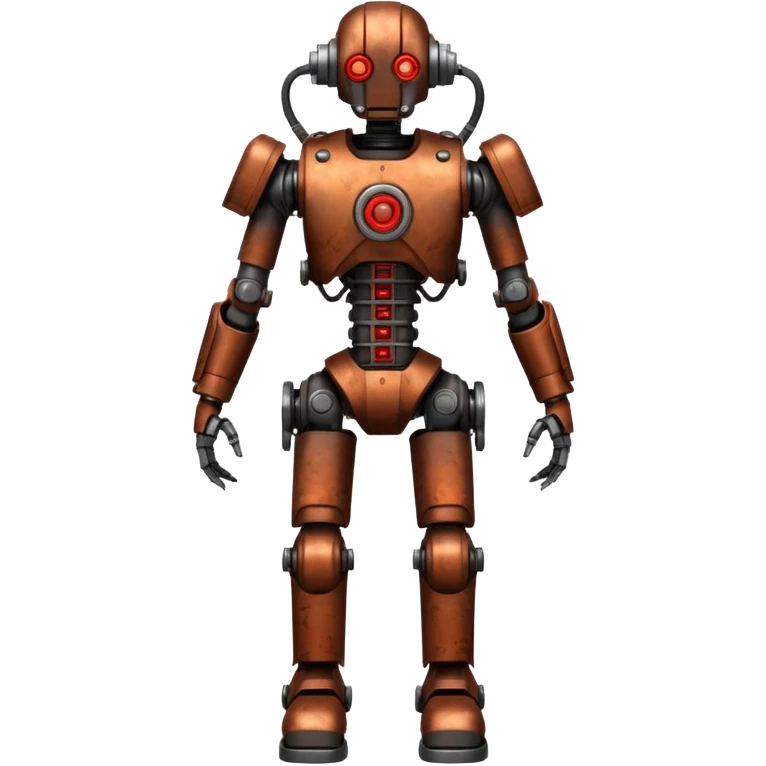 A medium-sized exoskeleton power suit, rusted metal, exposed wires, hydraulic legs, glowing red core, steampunk cyber style emoji. emoji