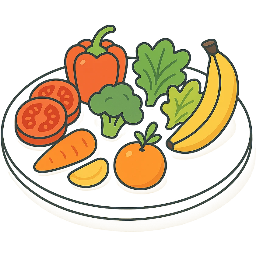 Harvard plate with vegetables and fruits, 2D isometric style, minimalist background, soft shadows and highlights, transparent background, vegetables and fruits arranged in a rainbow pattern emoji