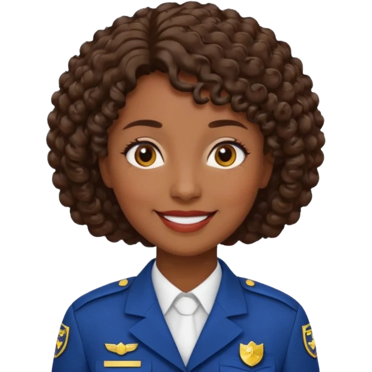 Middle-aged Female: dark skin, wearing uniform, approachable face, curly short brown hair emoji