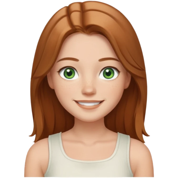 emoji of a woman named Freya McOmish, smiling, green eyes, long light brown hair with a center part, subtle freckles, modern casual style, broad shoulders, wearing a white sleeveless square neck top emoji
