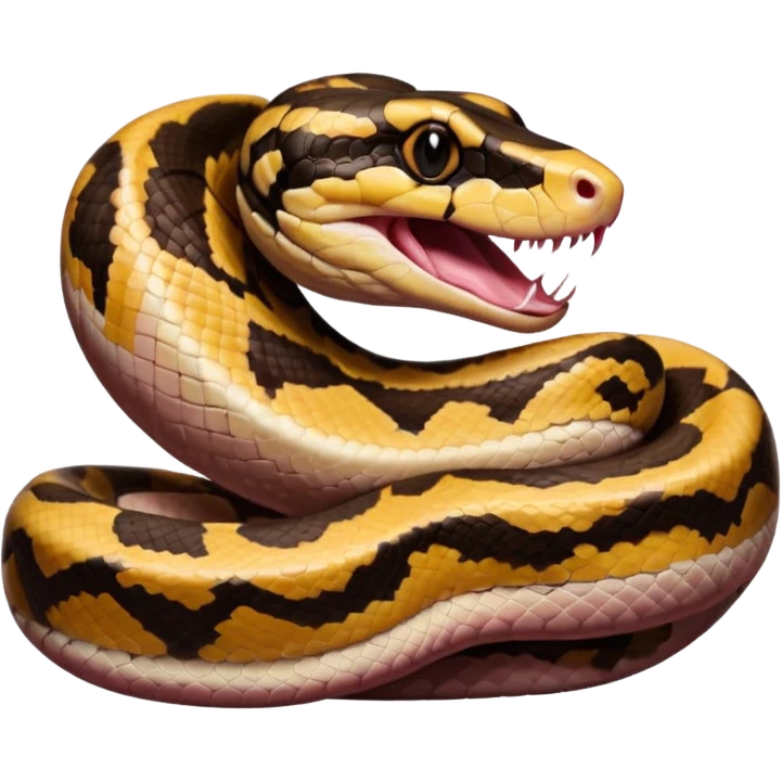 A photo-realistic digital illustration of a Ball Python, large headshot portrait. The snake has a short, rounded snout, smooth contours, and a wide, slow yawn exposing its soft pink mouth. Its head is warm brown with bold, irregular dark markings, including the signature “alien-head” pattern. emoji