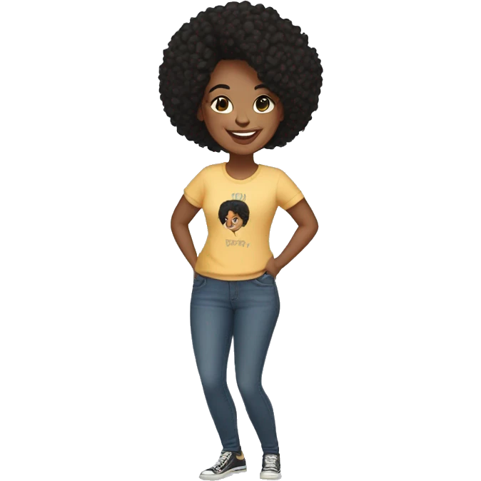 Woman in her late twenties, bipoc black hair smiling, tshirt jeans emoji
