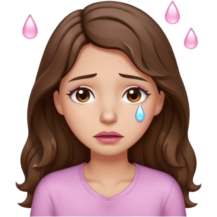 girl with wavy long brown hair, brown eyes, light to medium complexion, long lashes, light pink lipstick, wearing light pink shirt, weeping big big tears emoji
