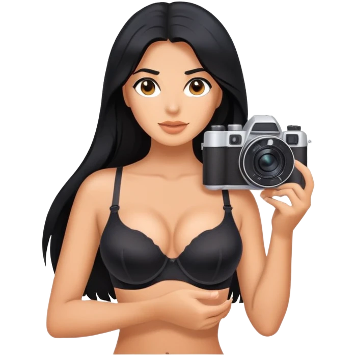 woman with bra, tanned long black hair, camera pointed at her  emoji