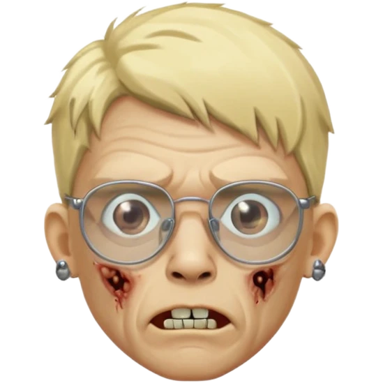 faça um homem zumbi loiro, usando óculos sem aro e com 1 brinco em cada orelha, estilo ponto de luz emoji