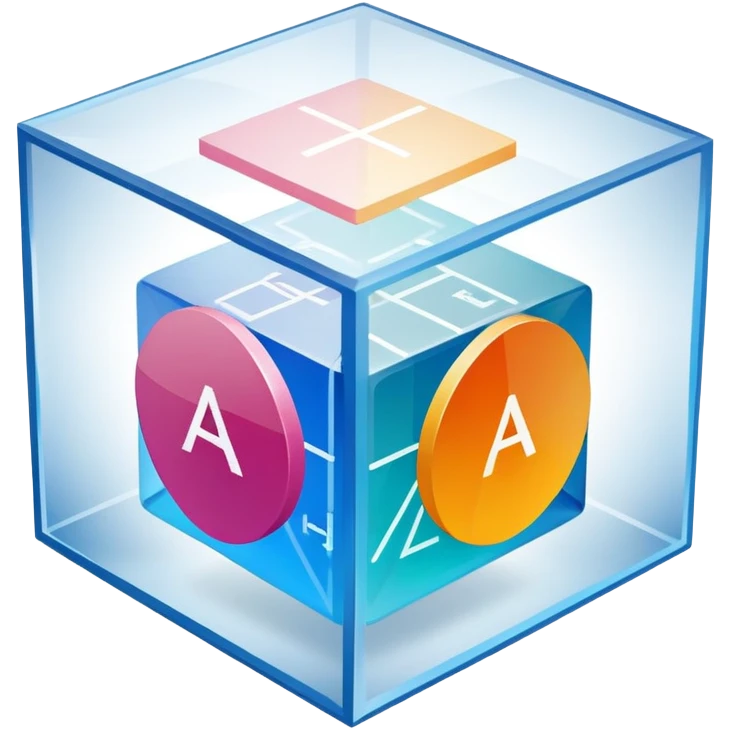 An icon featuring a transparent cube with geometric sections and mathematical calculations, symbolizing the study of mathematics. The design includes algebraic formulas, graphs, and mathematical symbols, representing advanced mathematical concepts and problem-solving. Transparent background emoji