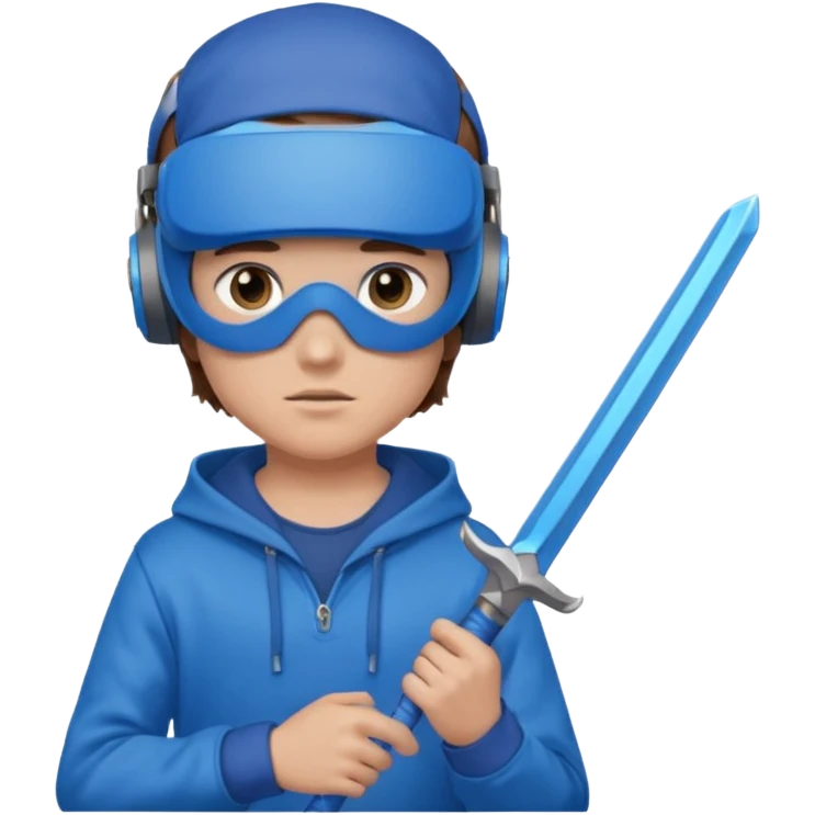 a boy with brown hair, a blue vr headset. a blue hoodie and a blue sword emoji