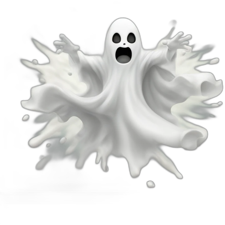 ghost blasting out of a wall and ejecting a spray of greyish white milky substance from lower torso in all directions emoji