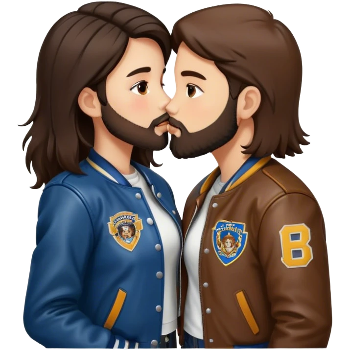 A brunette girl with a letterman jacket kissing a brunette boy with a beard and leather jacket  emoji