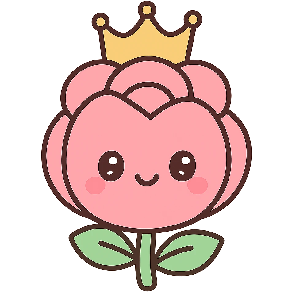 cute round rose wearing a crown, kawaii style emoji