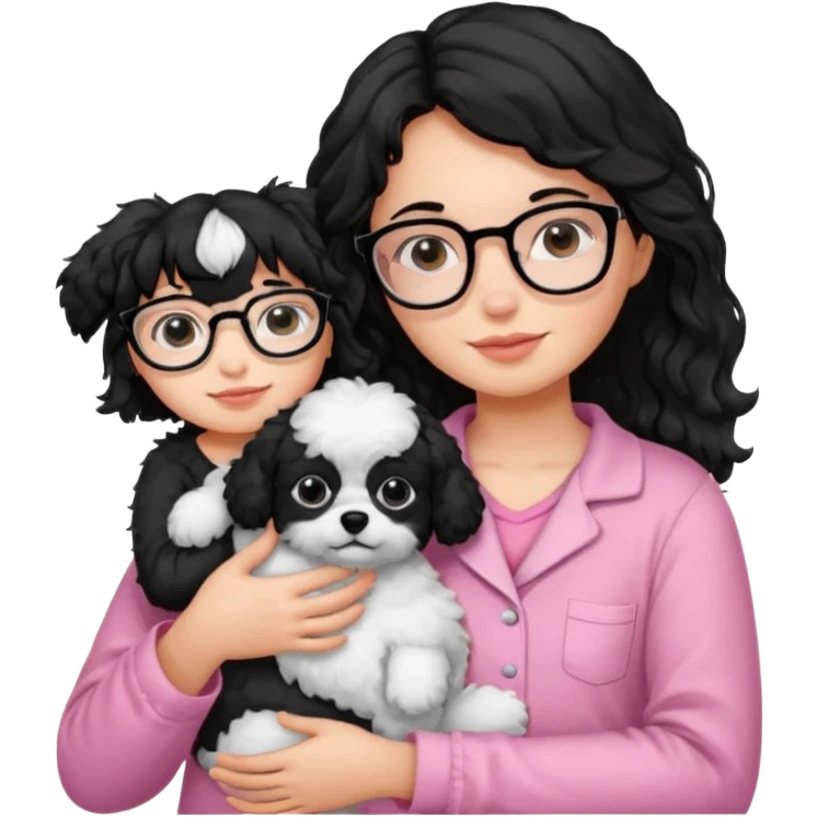 soft wavy black haired girl wearing black framed glasses in a pink pjs while holding her fluffy dog emoji