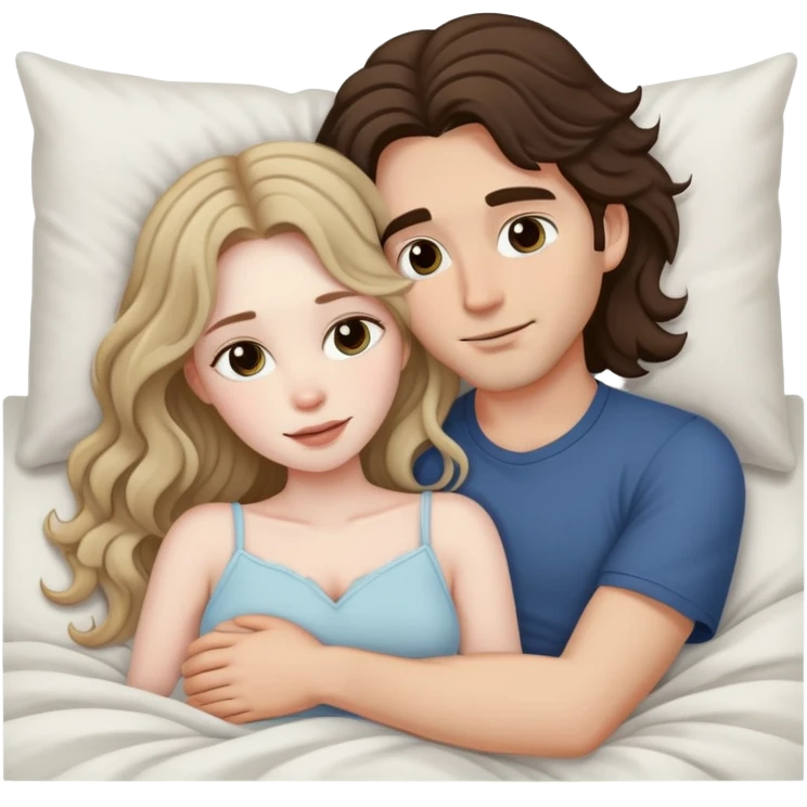 Man with dark brown wavy hair and one woman with long dark blonde hair in bed cuddling  emoji