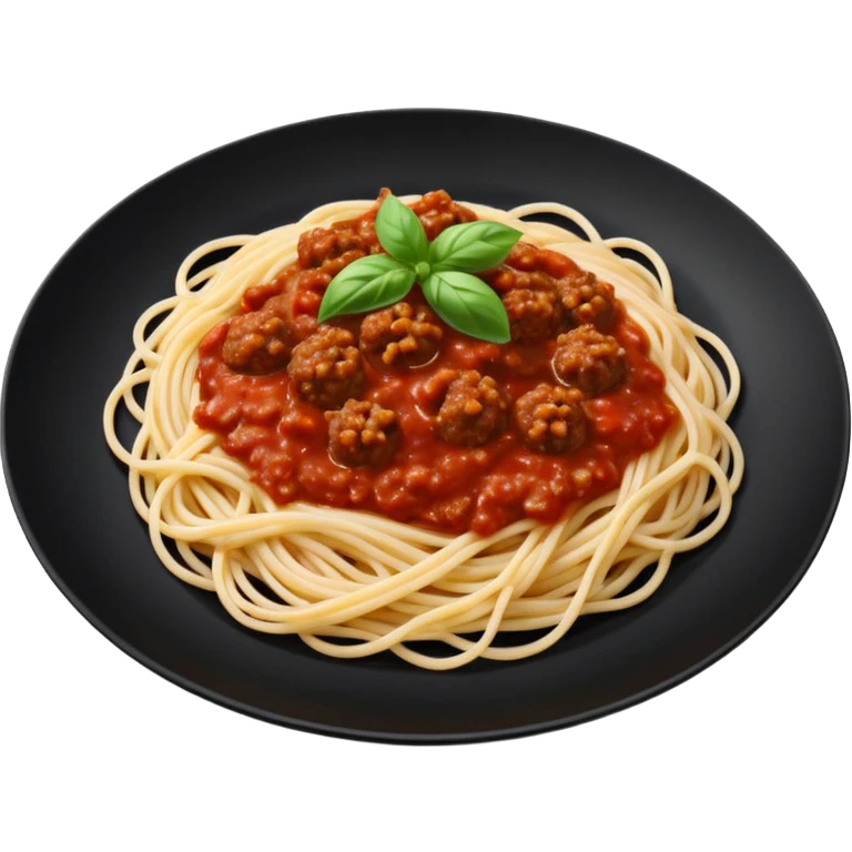 Spaghetti Bolognese on a black plate,nice basil on top emoji