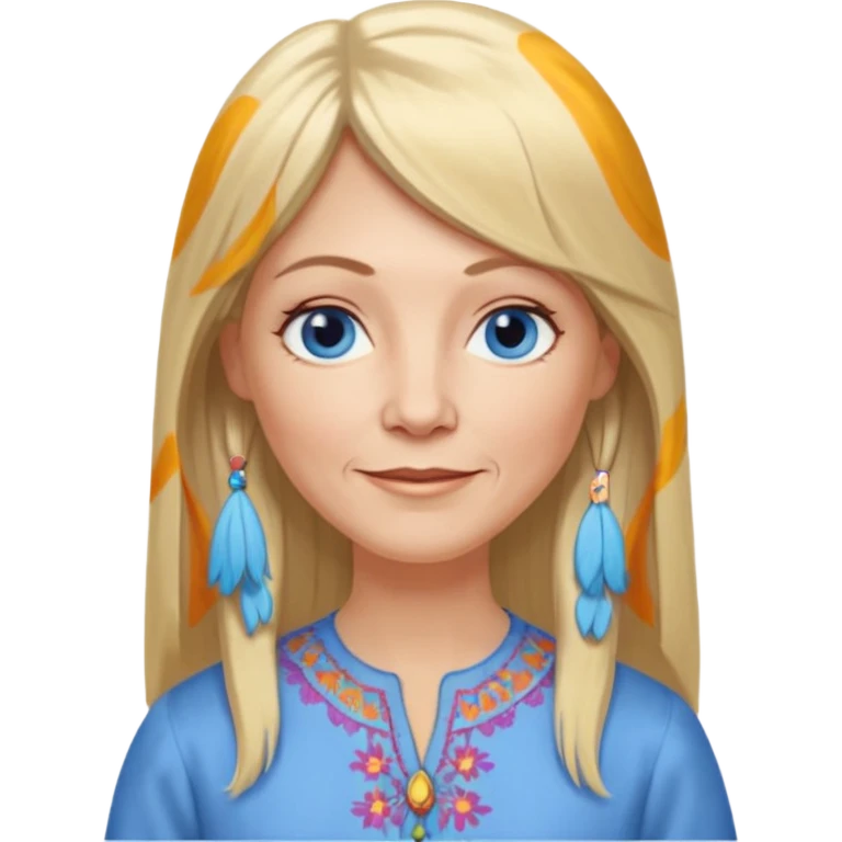 50 yr old white woman, hippie part bangs, very long straight blond hair, oval face, small smile, blue eyes, thin face, hair downback, hair parted at center of head, round cheeks, pale, longer hair, dress shirt emoji