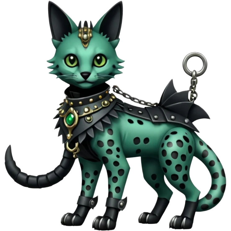 Epic complex detailed dark dusky gloomy deep gothic dark-deep-green, black, realistic Fakémon-Sprigatito-Floragato-Meowscarada-Trico-Sergal-Serval-Vernid-creature (full body) with metal gears and metal knight collar emoji