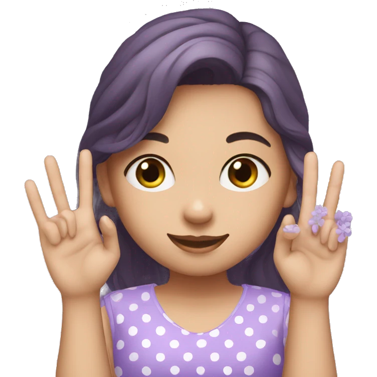 A girl with lavender kurti white spots showing three fingers in one hand emoji