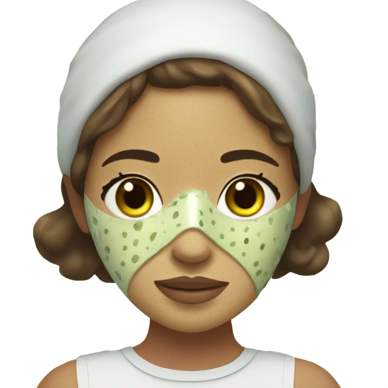 Girl with freackles Brown hair and white skin wears skin care mask Thats Green with Pickle on her eyes emoji