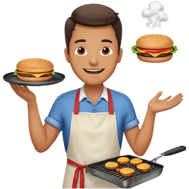 A cheerful man in an apron flipping burgers on a sizzling grill with smoke puffing upward. emoji