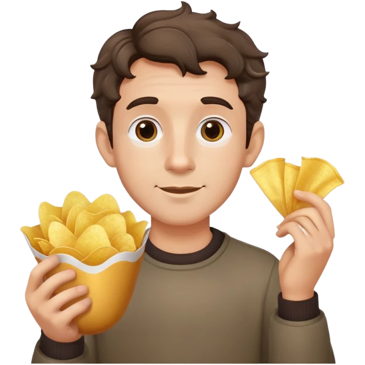 Man with short wavy hair, large ears, holding potato chips emoji