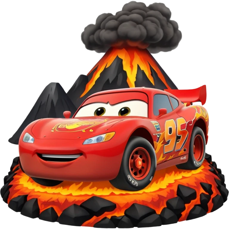 Lightning McQueen driving through a volcano emoji