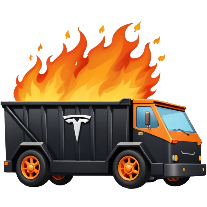 dumpster on fire with wheels and tesla badge emoji