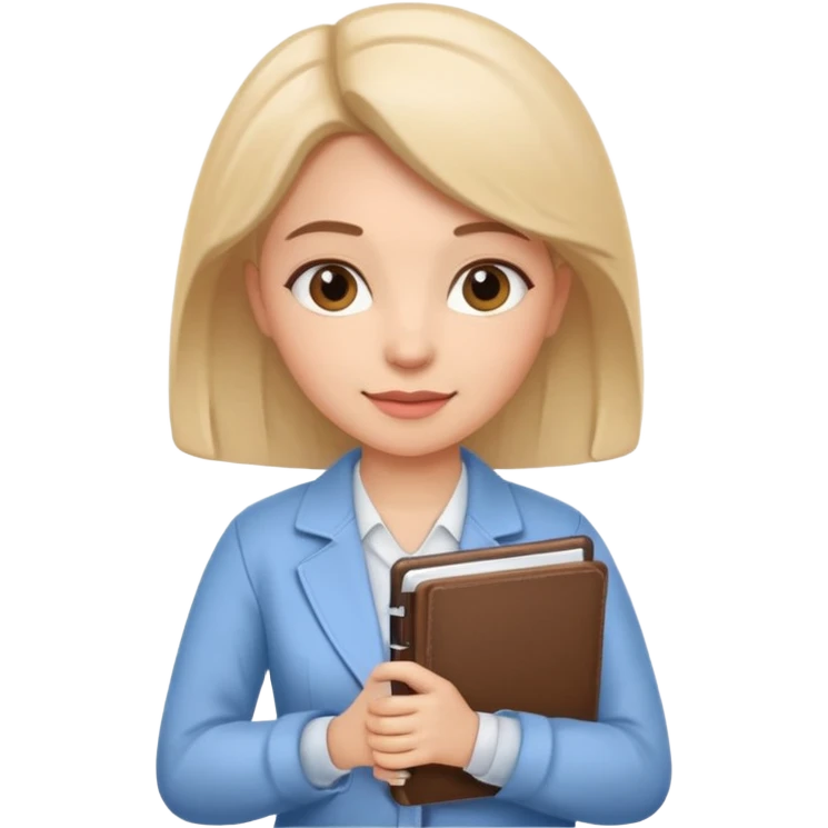 Cute female psychologist character, friendly and professional, holding a notebook, therapy office background, cartoon style, white background emoji