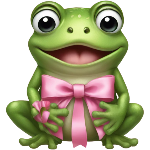 Frog wearing pink satin bow on his head holding a small teddybear in his hands emoji