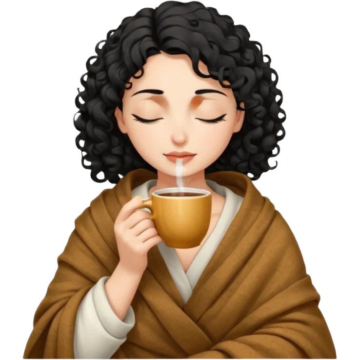 Gözleri kapalı, beyaz tenli ve kıvırcık siyah saçlı saç boyu orta omuzlarında bir kadın avatar, battaniyeye sarılmış halde beyaz bir Türk kahvesi fincanından içeceğini huzurla yudumluyor. emoji