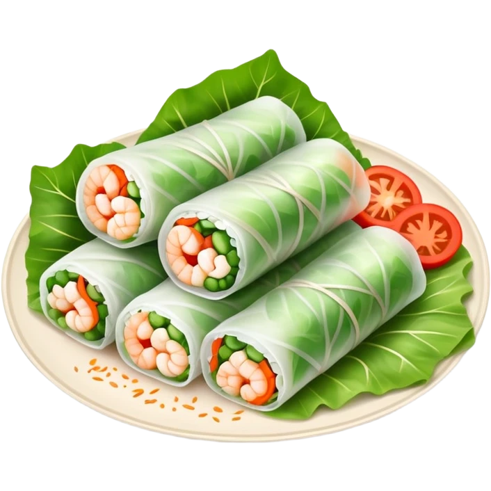 cinematic-realistic-vietnamese-summer-rolls-dish-emoji,-depicted-with-delicate-rice-paper-wraps-filled-with-fresh-vegetables-and-shrimp-rendered-with-crisp-textures-and-refreshing-lighting. emoji