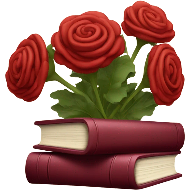 A red stack of books with a maroon bouquet of vintage-style Brats emoji