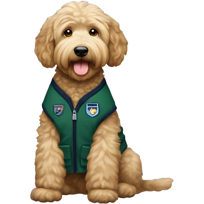 Goldendoodle in a navy green vest emoji