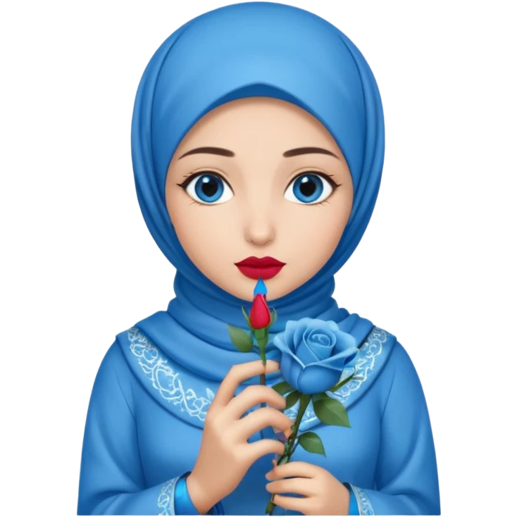 Turkish beautiful finish Konya girl blue eyes with blue hijab islamic dress and had on her hand blue rose design lipstick and hold it emoji
