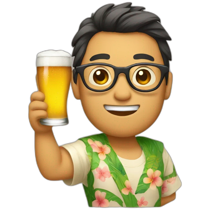Japanese wearing glasses alohashirt is holding beer emoji