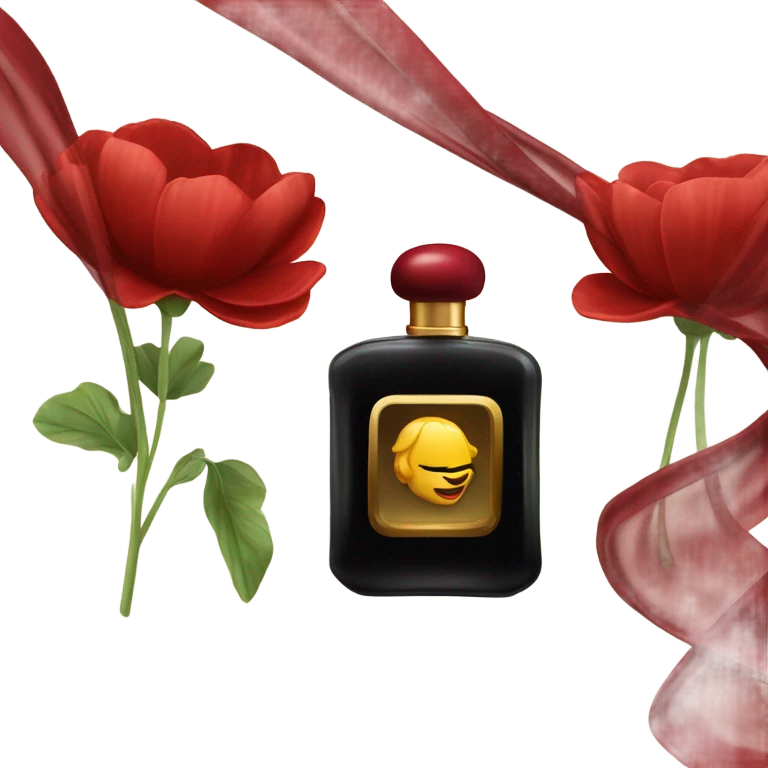 Dark red sophisticated perfume bottle with red buttercups and a silk scarf emoji