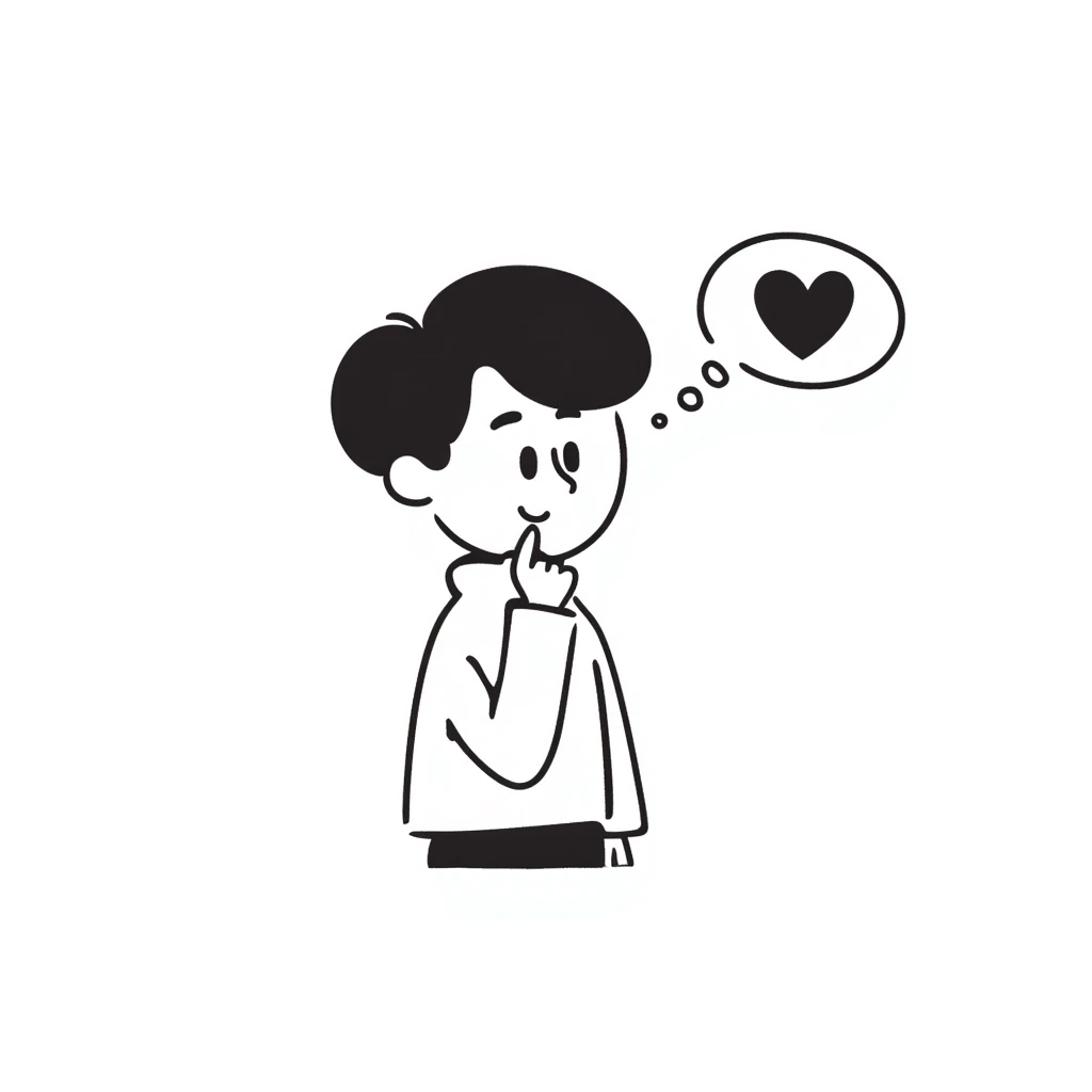 boy with hand on chin, thought bubble with a heart and question mark, simple lines emoji