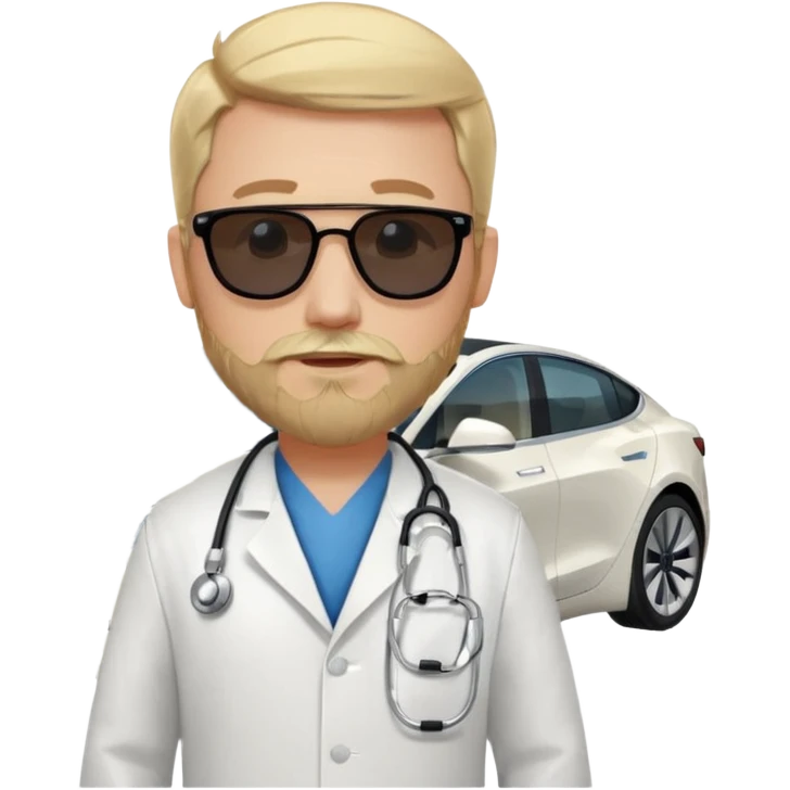 White tesla model 3 and one cool physician with blond hair, beard, stetoscope and dark sunglasses next to it emoji
