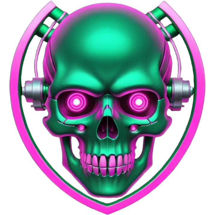 Cyberpunk shield, skull with cybernetic implants, glowing wires, dark electric green and pink tones, no background emoji