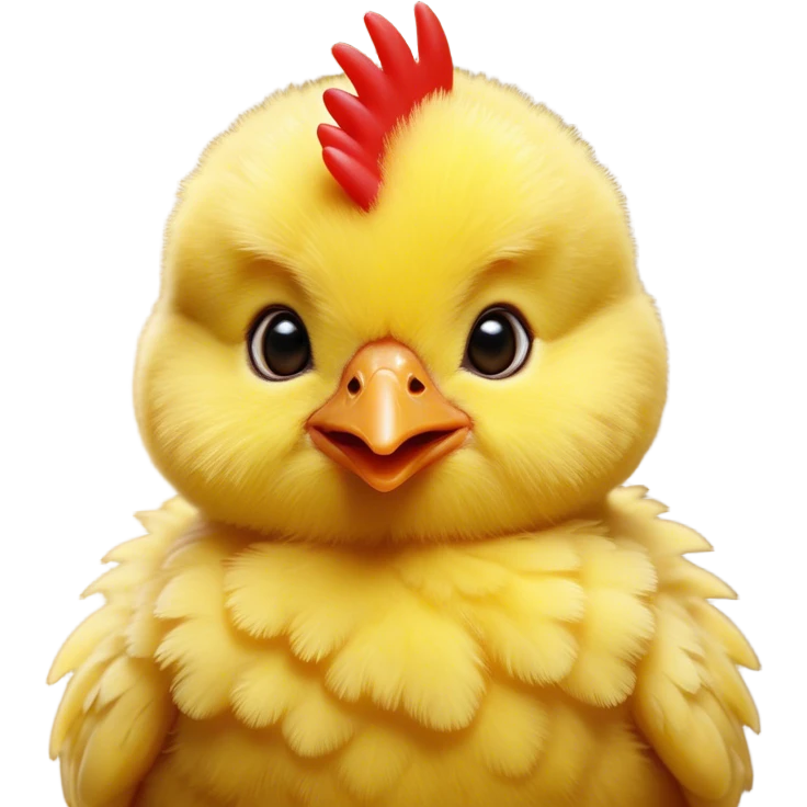 Cinematic Cute Yellow Baby Chicken Portrait Emoji, Head tilted playfully and inquisitively, featuring a fluffy, vibrant yellow downy coat with a tiny red comb, round, sparkling beady eyes filled with curiosity, Simplified yet irresistibly adorable features, highly detailed, glowing with a warm, friendly glow, high shine, affectionate and lively, stylized with a touch of playful whimsy, bright and endearing, soft glowing outline, capturing the essence of a mischievous yet loving chick, so playful it feels like it could peep out of the screen and into your arms! emoji