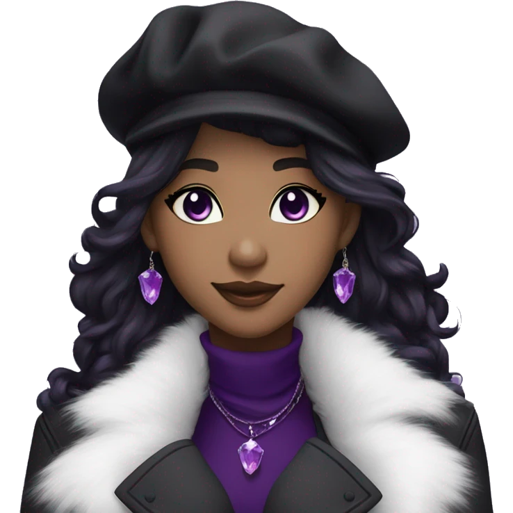 black hair, long messy hairstyle, beret hat, purple eyes, smile, long black trench coat with white fur around the neck, purple crystal earrings, purple crystal necklace, black pants emoji