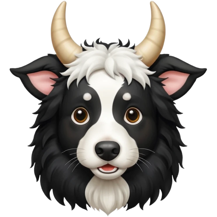 A black and white border collie has a cow's horns. emoji