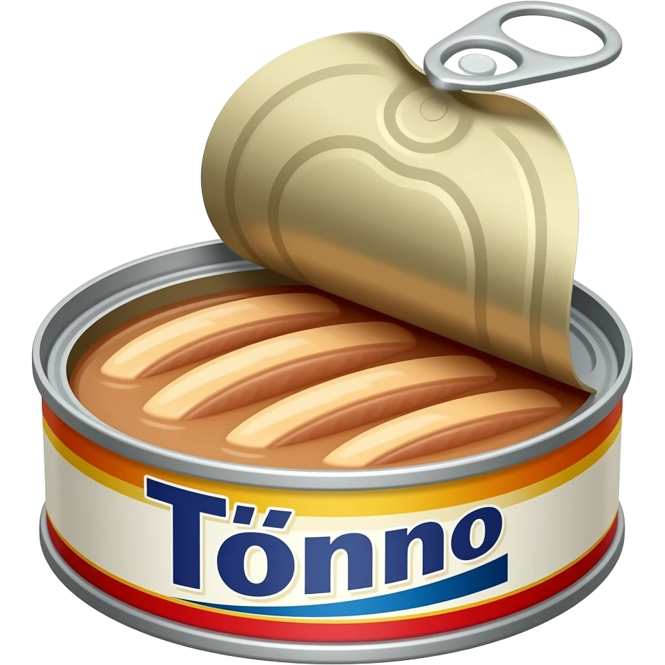 An opened tuna can with appealing canned tuna fish on the inside and a label with Tònno written on it emoji