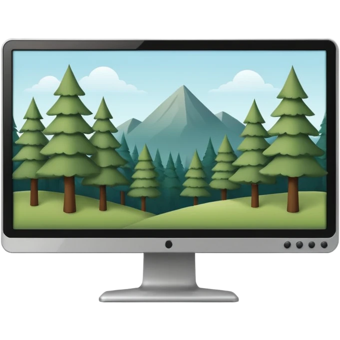 Minimalistic flat vector icon, iOS style, thin black contour on white background. Computer monitor with a simple forest scene on the screen (trees, minimal landscape). Clean, no text, no shadows emoji