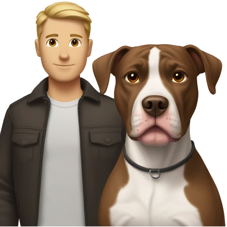 white male with dark brown hair and 5 o'clock shadow standing alongside a white and brown pitbull emoji