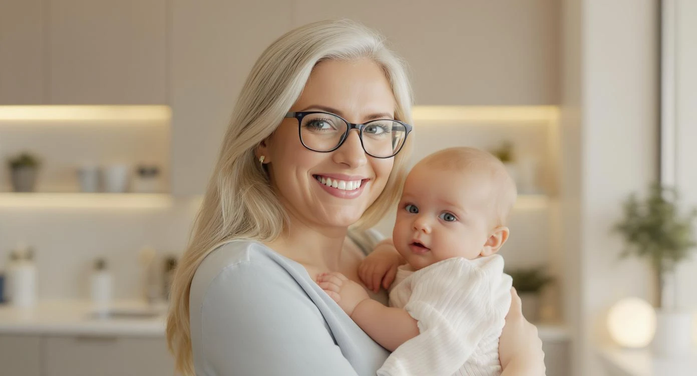 Cinematic still, Proffesional advertising of a smiling european white woman with glasses smiling holding baby, minimalistic ophthalmologist interior in background, leading  lines, "rule of thirds", 60/30/10 colors, soft light, warm colors, bokeh light in background emoji