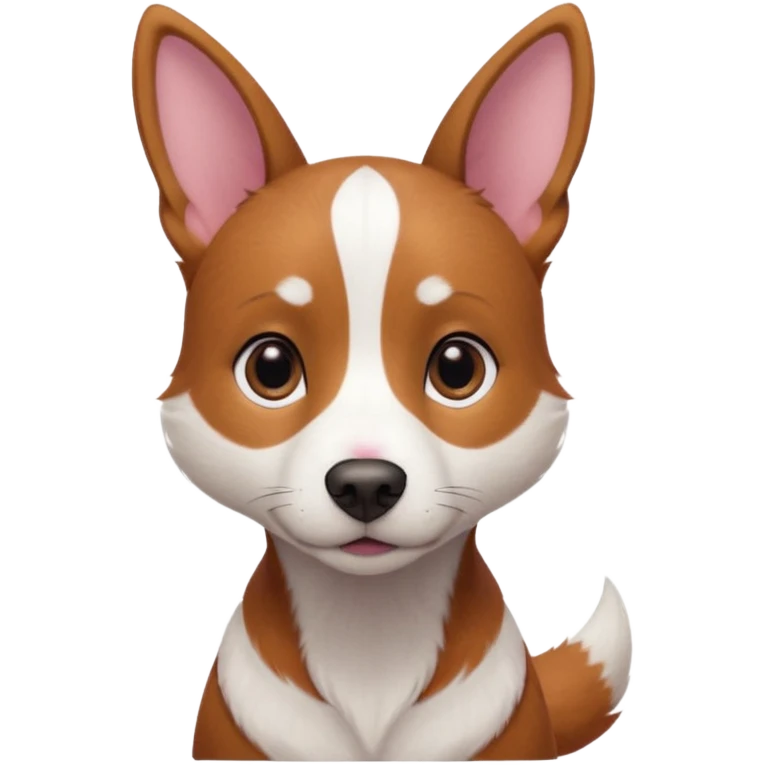 Medium-sized dog with a slim build and short reddish-brown fur. She has large upright ears with a soft expression, slightly graying around her muzzle and eyes, and a pinkish nose. Her chest features a white patch in the shape of a vertical stripe, and her tail is thin and slightly curved. emoji