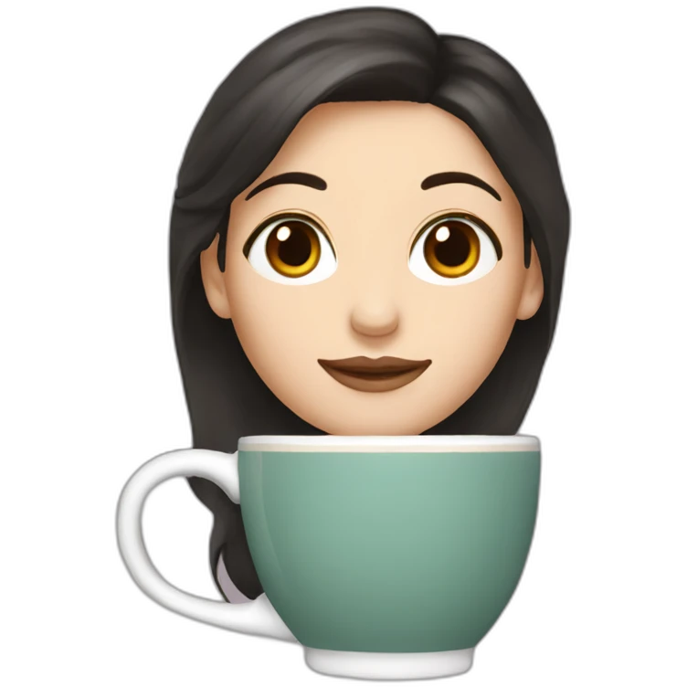 White woman with brownish black hair, hazel eyes and a big mug of tea emoji